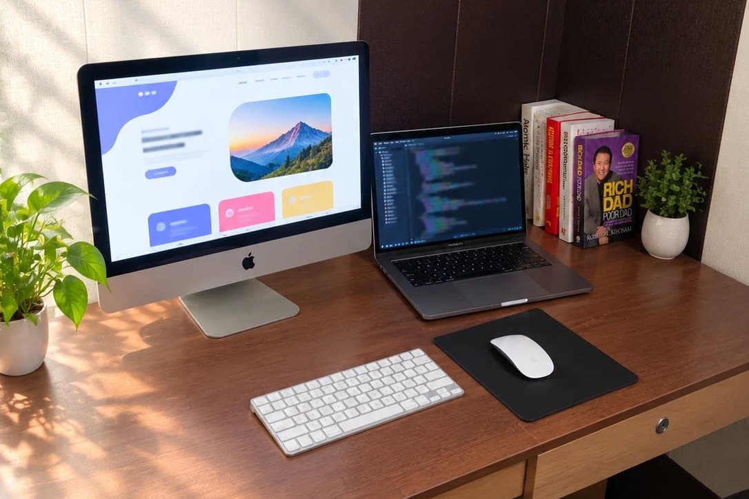Manish's work desk with an iMac, a MacBook Pro and books